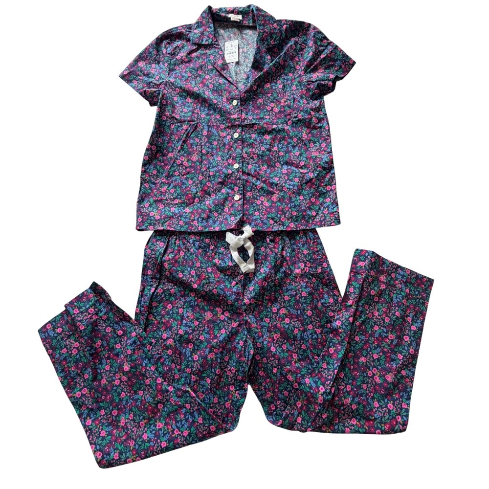 NEW $118 J.Crew Womens S Floral 100% Cotton Poplin Pajama Set Navy Pink